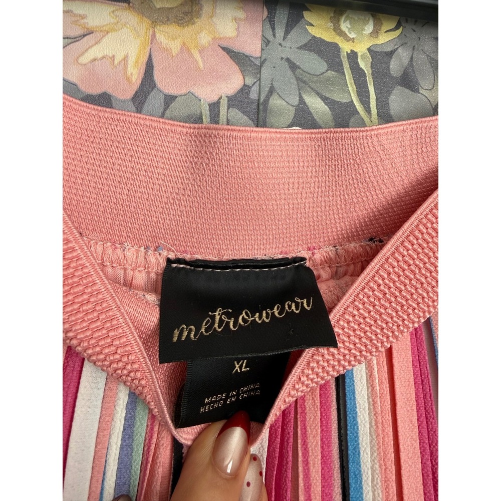 MetroWear Striped Pleated Midi Skirt Pink Multi Color Elastic Waist Womens XL - Picture 2 of 6
